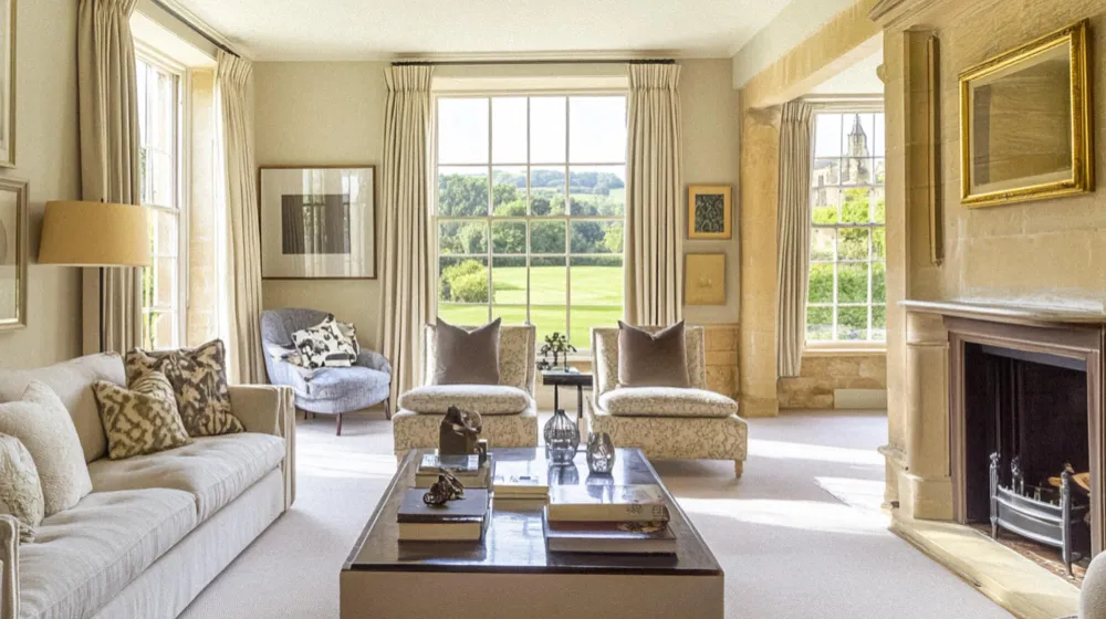 Dormitorio con decoración británica inspirado en un elegante hotel rural inglés